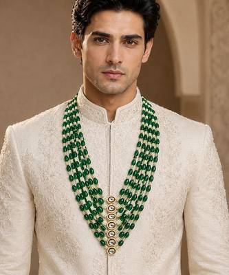 Gold plated layered green beaded pearl kundan mala necklace 1