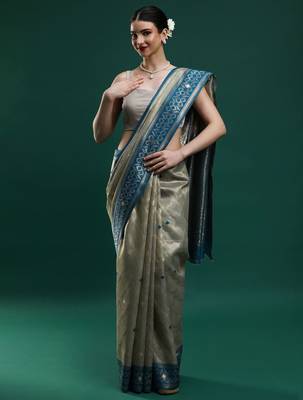 grey women woven design zari art silk banarasi saree 1
