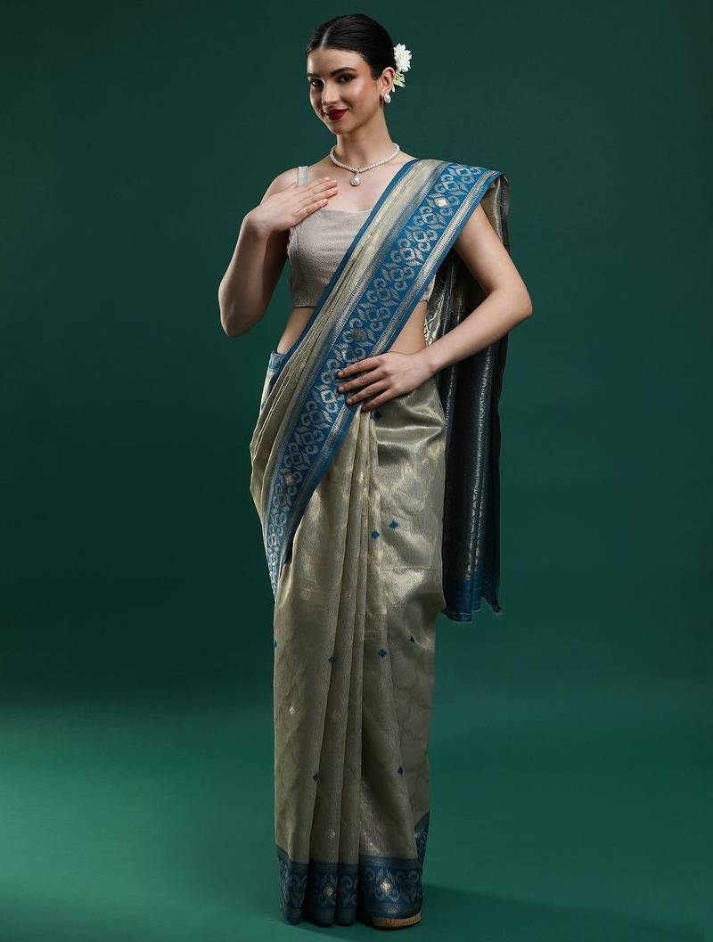 grey women woven design zari art silk banarasi saree