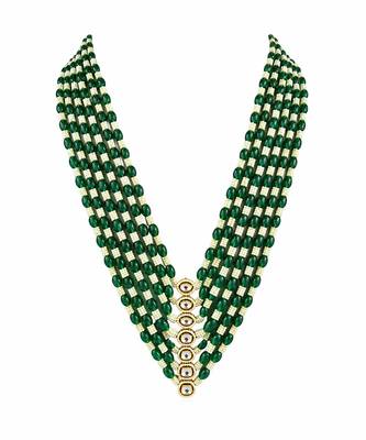 Gold plated layered green beaded pearl kundan mala necklace 2