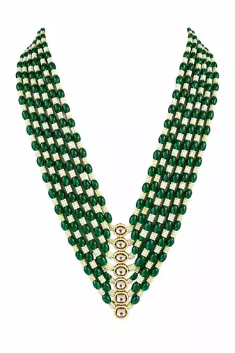 Gold plated layered green beaded pearl kundan mala necklace