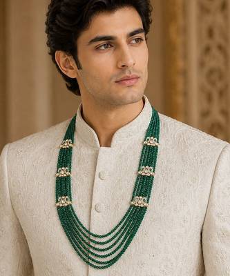 Gold plated layered green beaded kundan groom mala necklace 1
