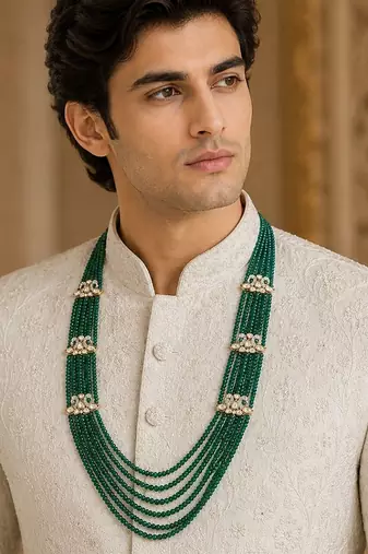 Gold plated layered green beaded kundan groom mala necklace
