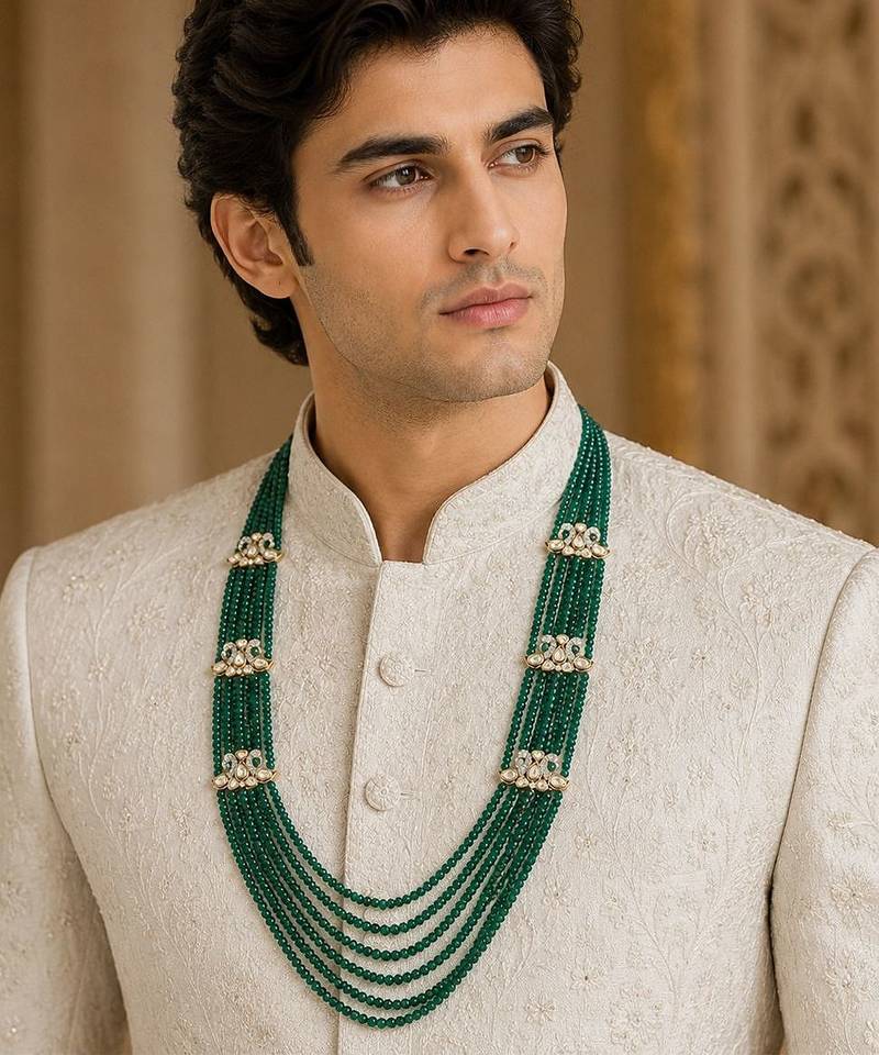 Gold plated layered green beaded kundan groom mala necklace
