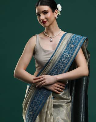 grey women woven design zari art silk banarasi saree 4