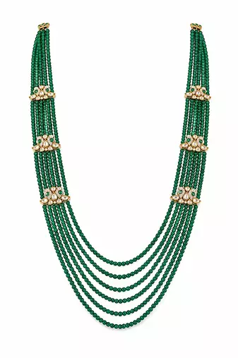 Gold plated layered green beaded kundan groom mala necklace