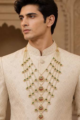 Gold plated layered pearl kundan groom mala necklace