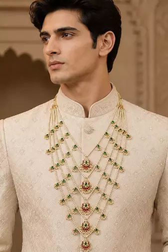 Gold plated layered pearl kundan groom mala necklace