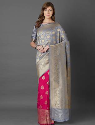 grey grey & pink woven design zari silk blend half and half banarasi saree 1