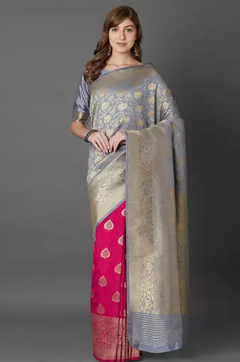 grey grey & pink woven design zari silk blend half and half banarasi saree
