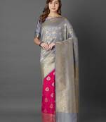 grey grey & pink woven design zari silk blend half and half banarasi saree