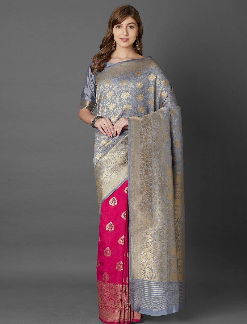 grey grey & pink woven design zari silk blend half and half banarasi saree