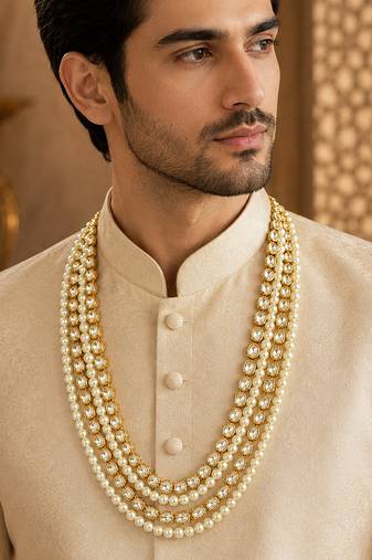 Gold plated multi layered pearl groom mala necklace