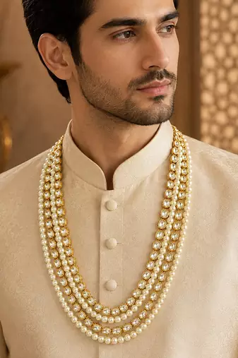 Gold plated multi layered pearl groom mala necklace