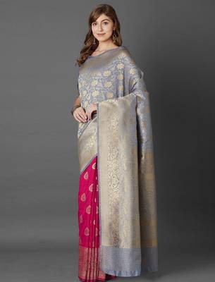 grey grey & pink woven design zari silk blend half and half banarasi saree 2