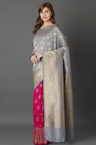 grey grey & pink woven design zari silk blend half and half banarasi saree