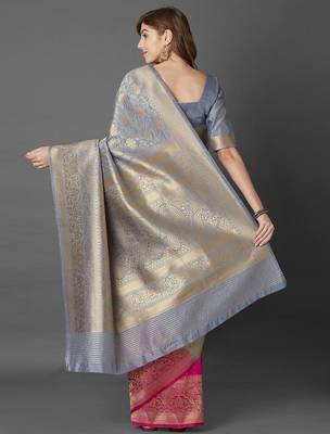 grey grey & pink woven design zari silk blend half and half banarasi saree 3