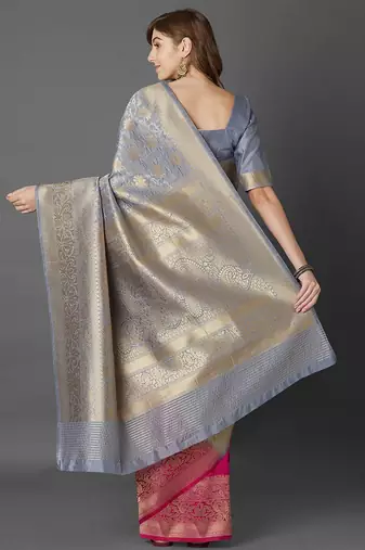 grey grey & pink woven design zari silk blend half and half banarasi saree