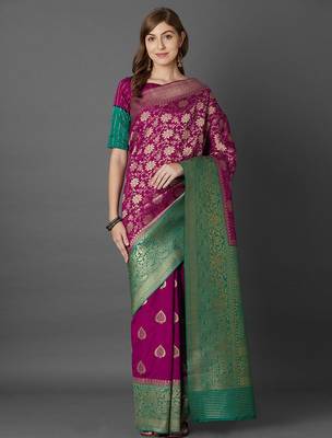 magenta magenta & green ethnic motifs zari silk blend saree 1