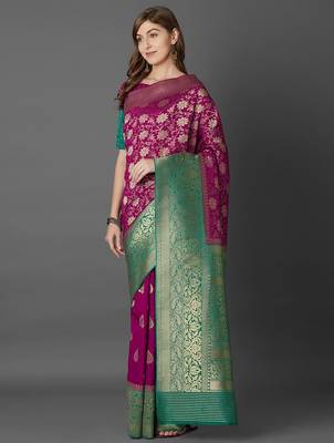 magenta magenta & green ethnic motifs zari silk blend saree 2