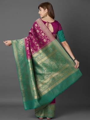 magenta magenta & green ethnic motifs zari silk blend saree 3