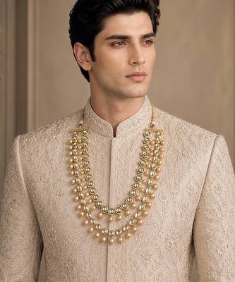 Gold plated double layered pearl kundan mala necklace 1