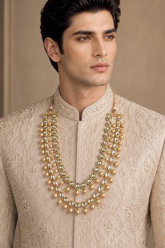 Gold plated double layered pearl kundan mala necklace