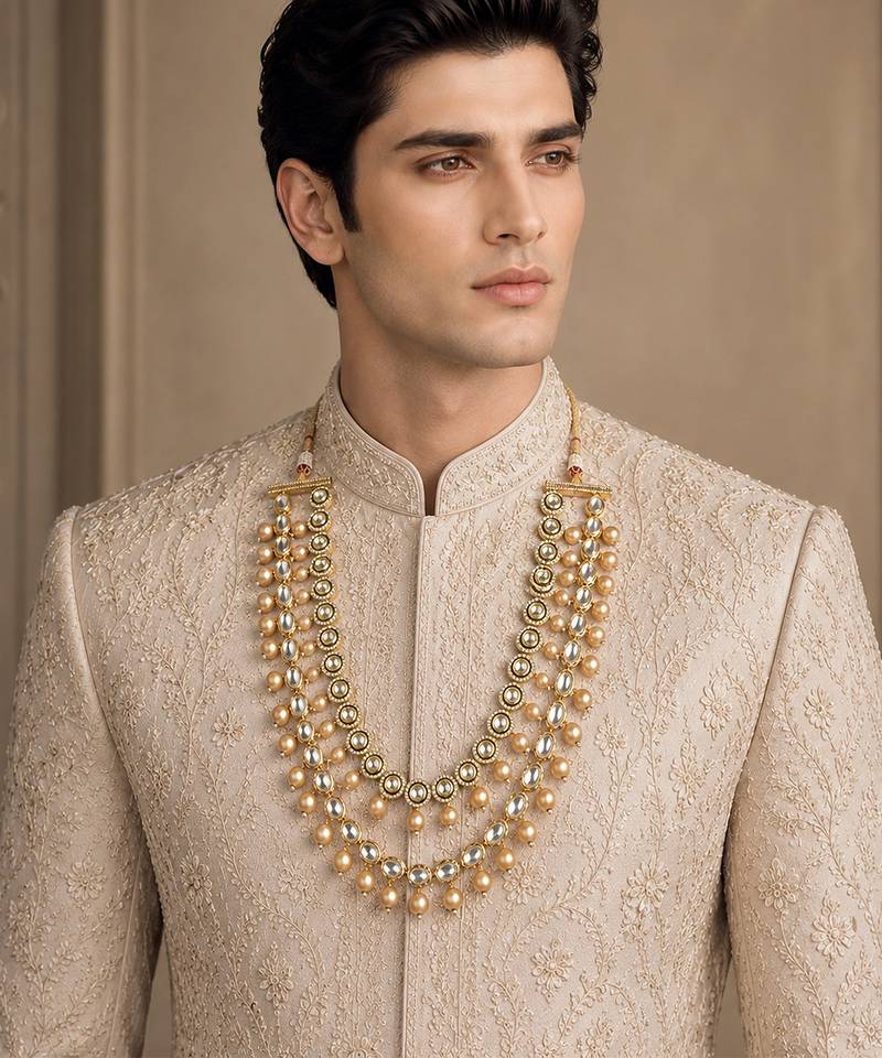 Gold plated double layered pearl kundan mala necklace
