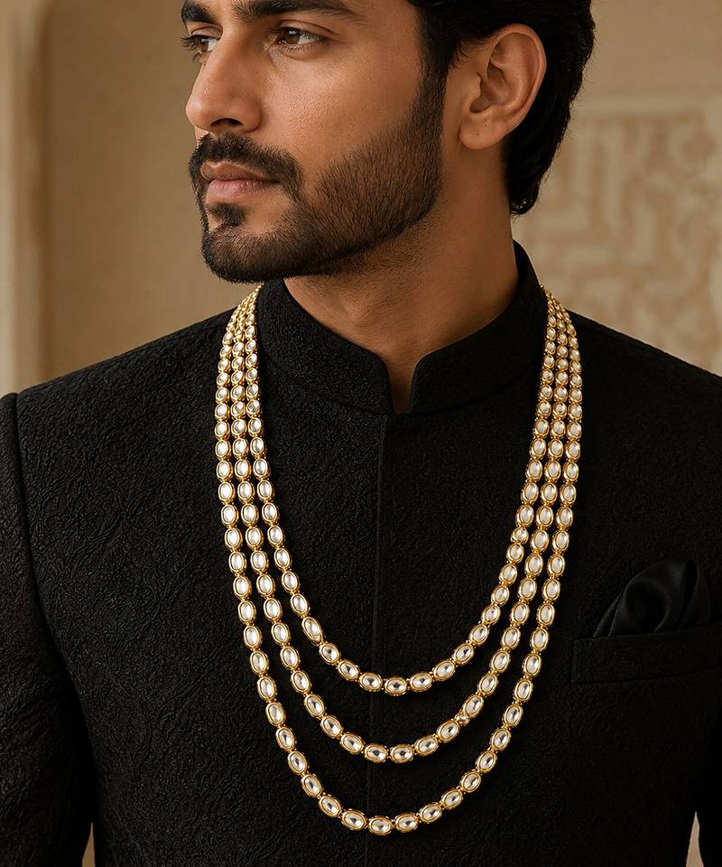 Gold plated classic layered kundan mala necklace