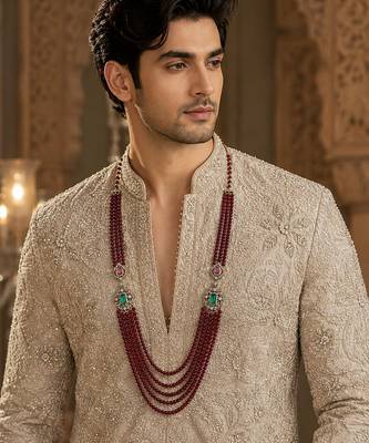 Multi layered ruby red beaded kundan groom mala necklace 1