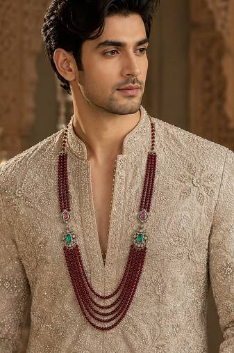 Multi layered ruby red beaded kundan groom mala necklace