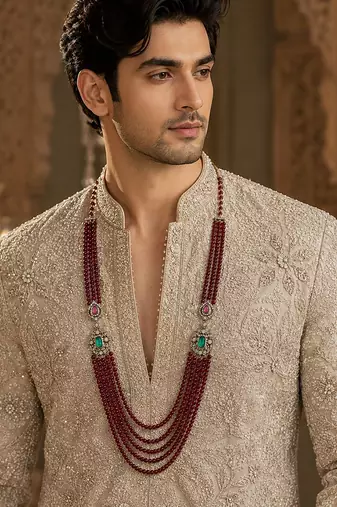 Multi layered ruby red beaded kundan groom mala necklace