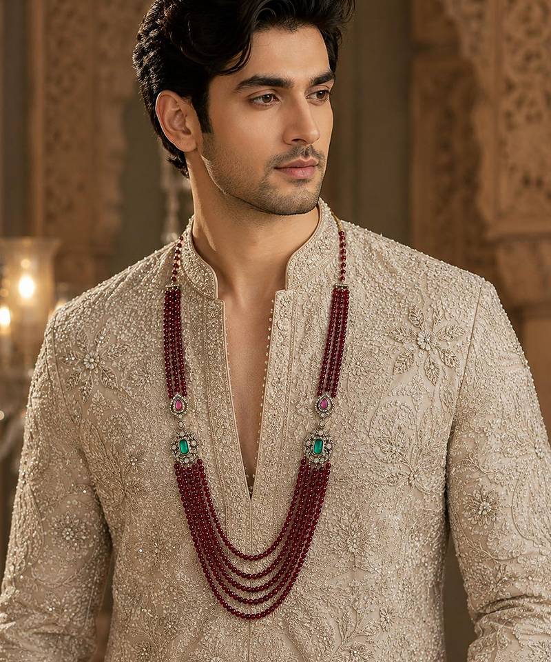 Multi layered ruby red beaded kundan groom mala necklace