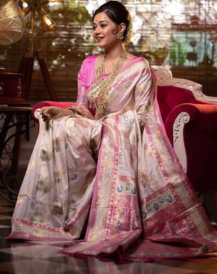 peach peach-coloured & pink floral woven design zari banarasi saree 1