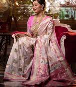 peach peach-coloured & pink floral woven design zari banarasi saree