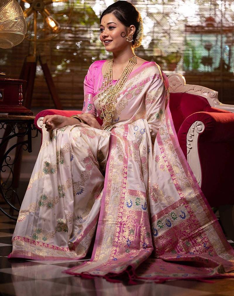 peach peach-coloured & pink floral woven design zari banarasi saree