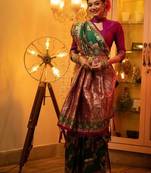 Green green & pink ethnic motifs woven design zari banarasi saree