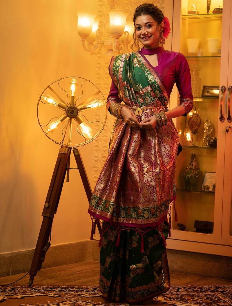 Green green & pink ethnic motifs woven design zari banarasi saree