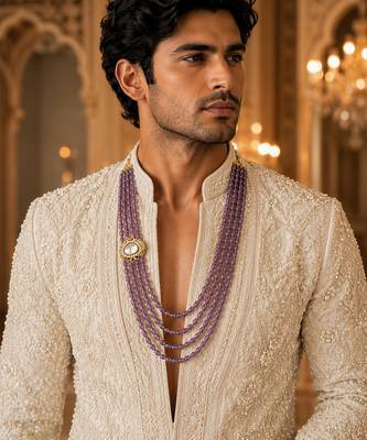 Gold plated layered purple beaded kundan groom mala necklace 1