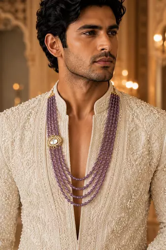 Gold plated layered purple beaded kundan groom mala necklace