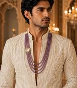 Gold plated layered purple beaded kundan groom mala necklace