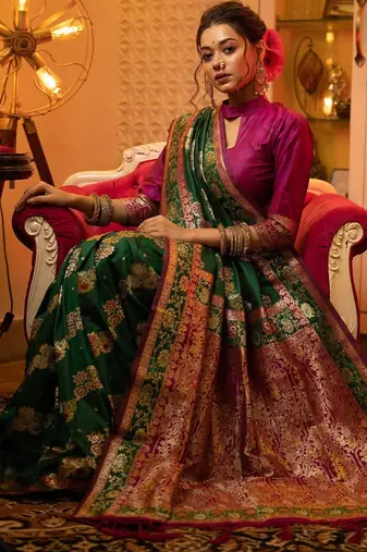 Green green & pink ethnic motifs woven design zari banarasi saree