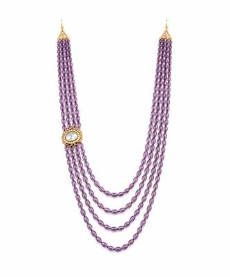Gold plated layered purple beaded kundan groom mala necklace 2