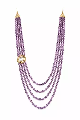 Gold plated layered purple beaded kundan groom mala necklace
