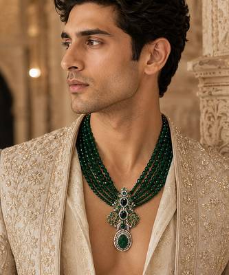 Gold plated multi layered green beaded pendant necklace 1