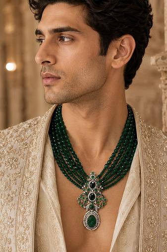 Gold plated multi layered green beaded pendant necklace
