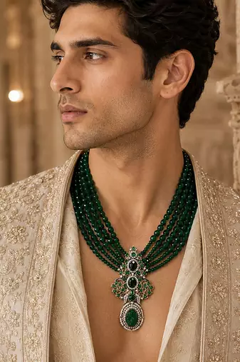 Gold plated multi layered green beaded pendant necklace