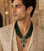 Gold plated multi layered green beaded pendant necklace