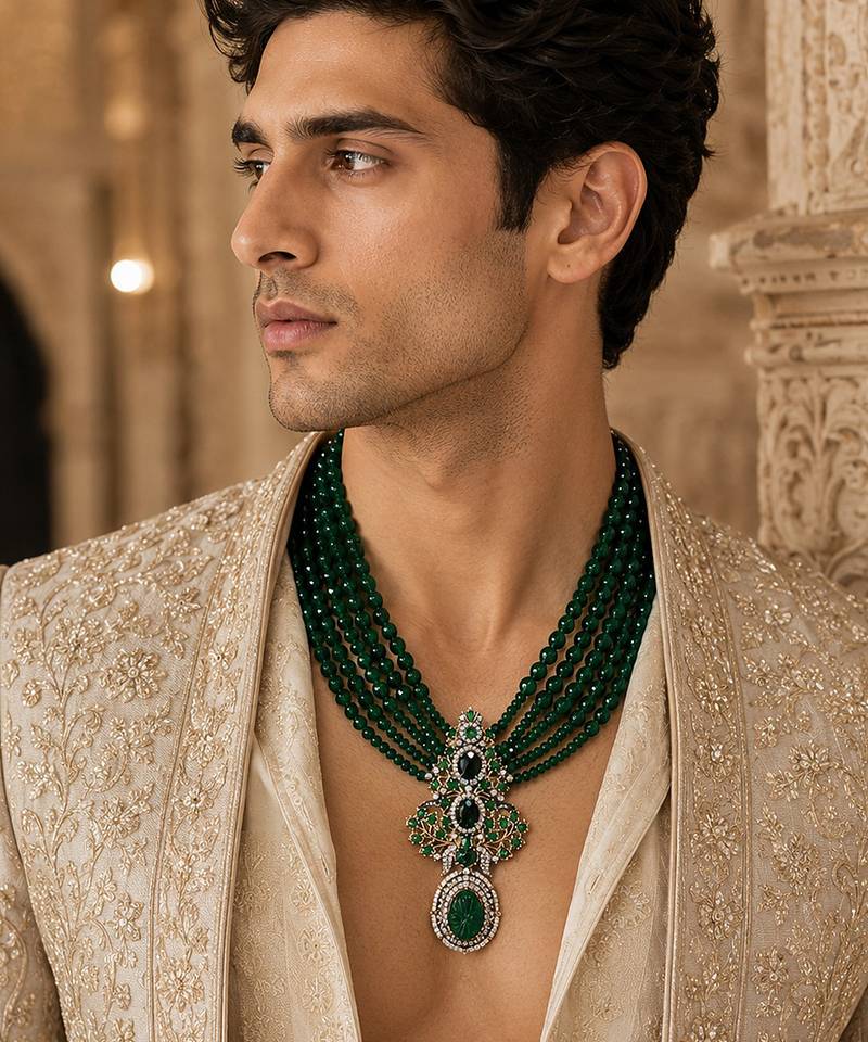 Gold plated multi layered green beaded pendant necklace