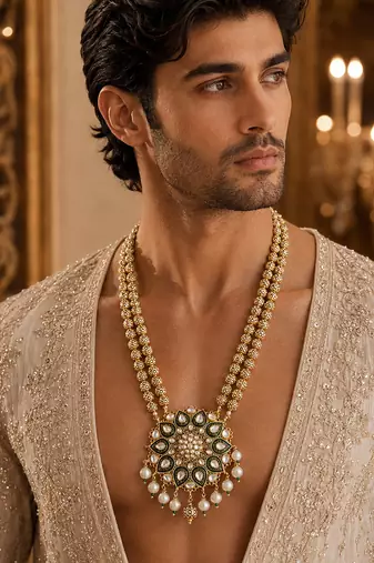 Gold plated kundan floral pendant necklace